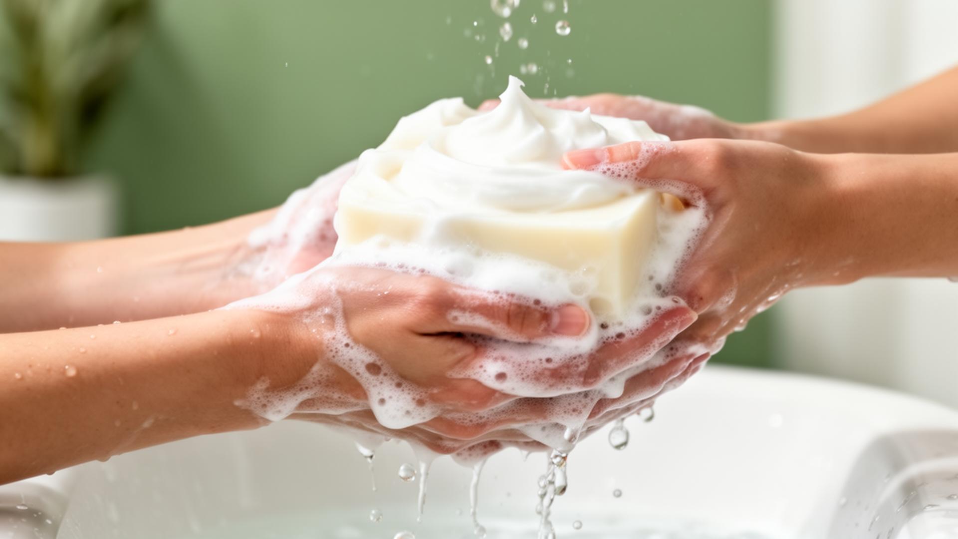 Hands lathering handmade soap